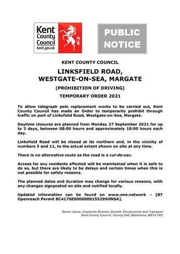 - Temporary Road Closures – Linksfield Road, Westgate-on-Sea – from 27 September 2021