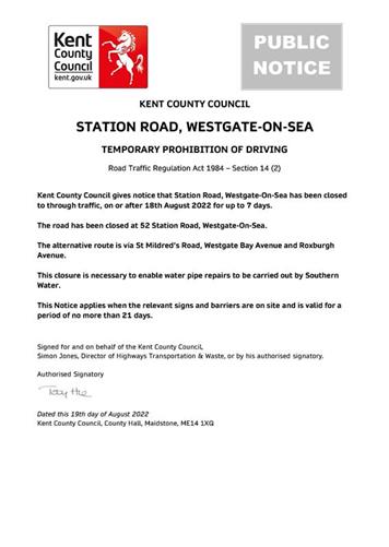  - Emergency Road Closure - Station Road, Westgate-On-Sea - 18th August 2022