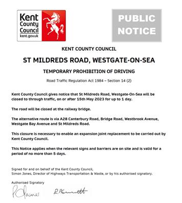  - Urgent Road Closure - St Mildreds Road, Westgate-On-Sea - 15th May 2023 (Thanet)
