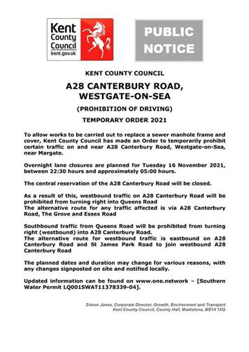  - KCC Notice - Overnight Lane Closures Canterbury Road - 16th November 2021