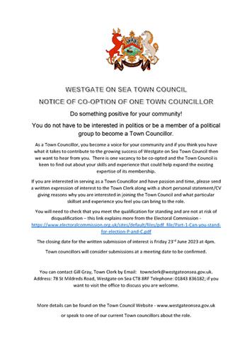  - Notice of Co-Option of One Town Councillor