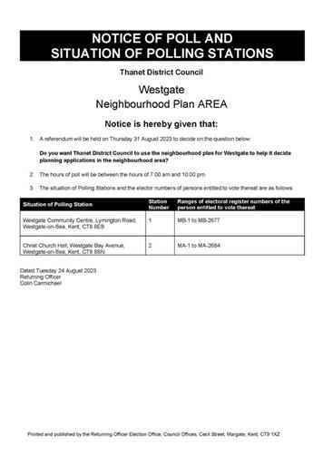  - Neighbourhood Plan Referendum - Notice of Poll and situation of polling stations