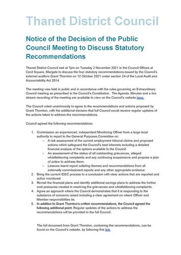  - Notice of TDC's decision at Council in response to the Auditor's recommendations