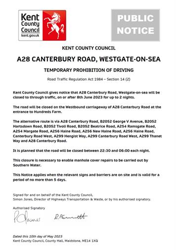  - A28 CANTERBURY ROAD, WESTGATE-ON-SEA - Road Closure