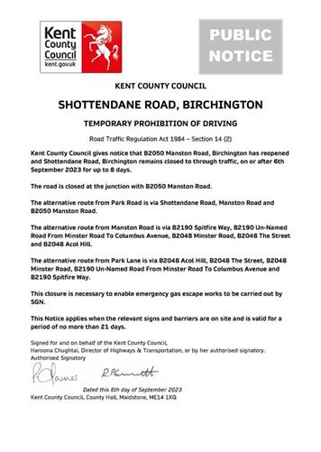  - Shottendane Road, Birchington remains closed